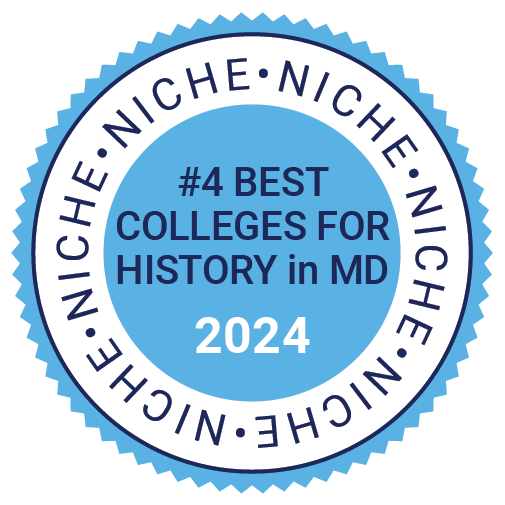Accolades_2023-24_Niche_Best Colleges for History in Maryland_Light Blue Blue and white badge reading, "#4 Best Colleges for History in MD 2024, Niche.