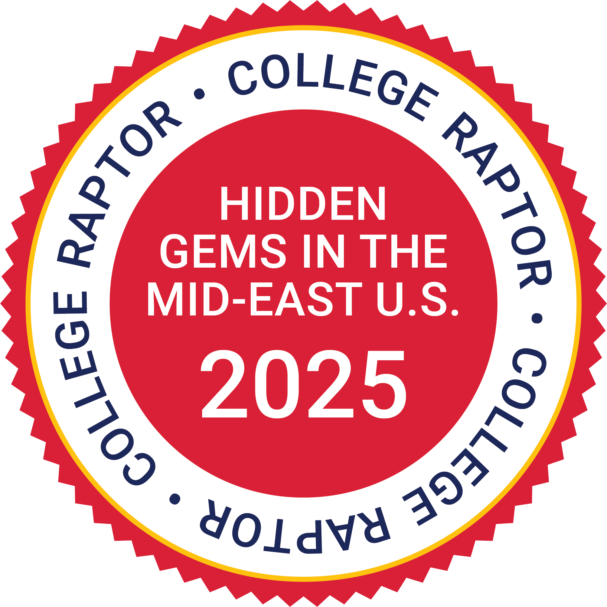 Accolades_2024-25_College Raptor_Hidden Gems in the Mid-East US_Red Circular badge with a red center stating "Hidden Gems in the Mid-East U.S. 2025." The border reads "College Raptor" repeatedly.