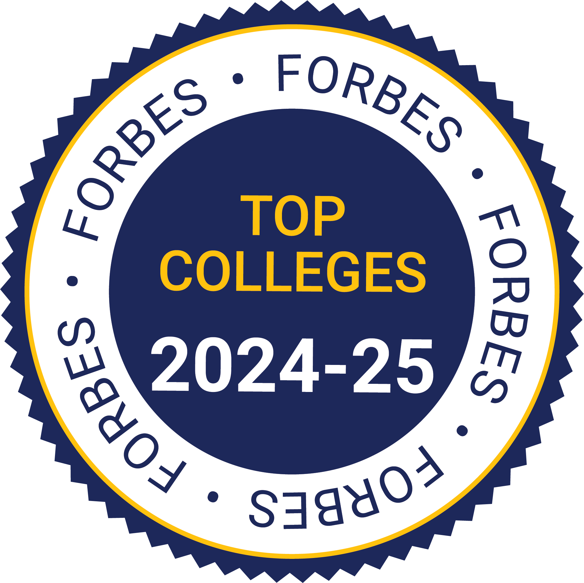 Accolades_2024-25_Forbes_Top Colleges_Navy A circular blue badge reads "FORBES" repeatedly around the edge, with "TOP COLLEGES 2024-25" in yellow and white text at the center.