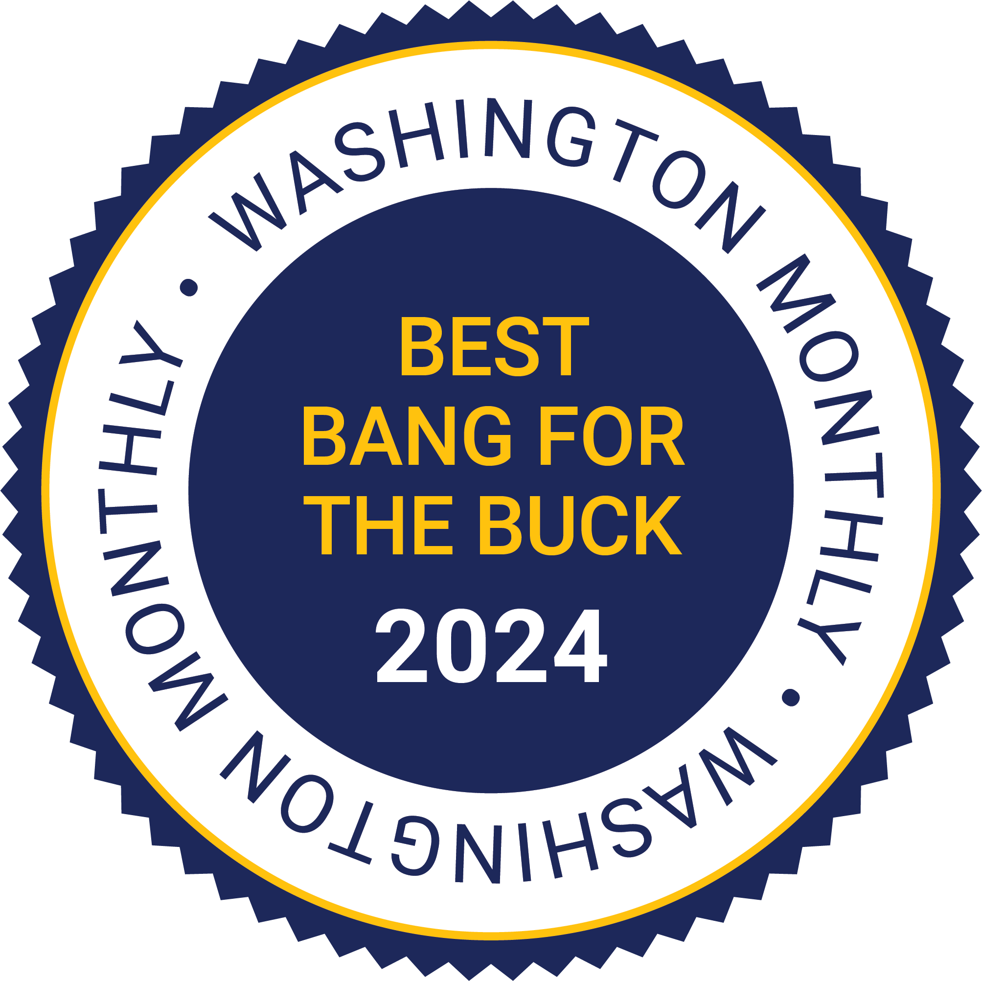 Accolades_2024-25_Washington Monthly_Best Bang for the Buck_Navy Circular blue badge with white center, text reads "Washington Monthly Best Bang for the Buck 2024" in yellow and white letters.