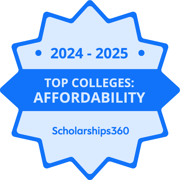 Blue badge displaying "2024 - 2025 Top Colleges: Affordability" from Scholarships360.