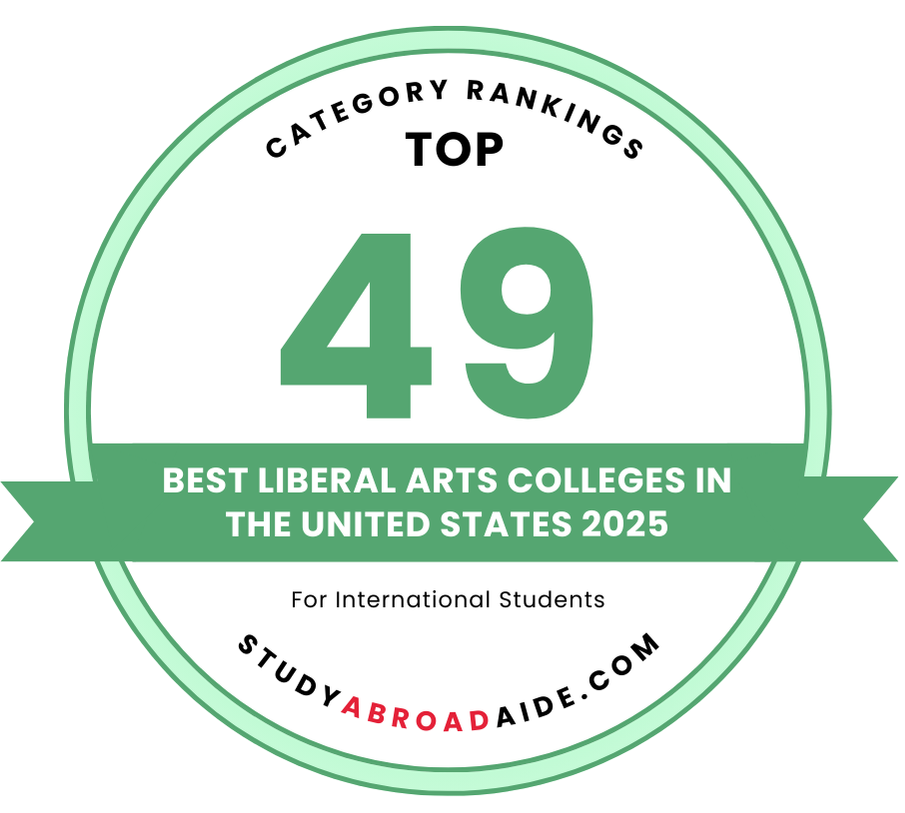 St. Mary’s College of Maryland A circular badge with a green border reads "Category Rankings Top 49 Best Liberal Arts Colleges in the United States 2025 For International Students" from studyabroadaide.com.