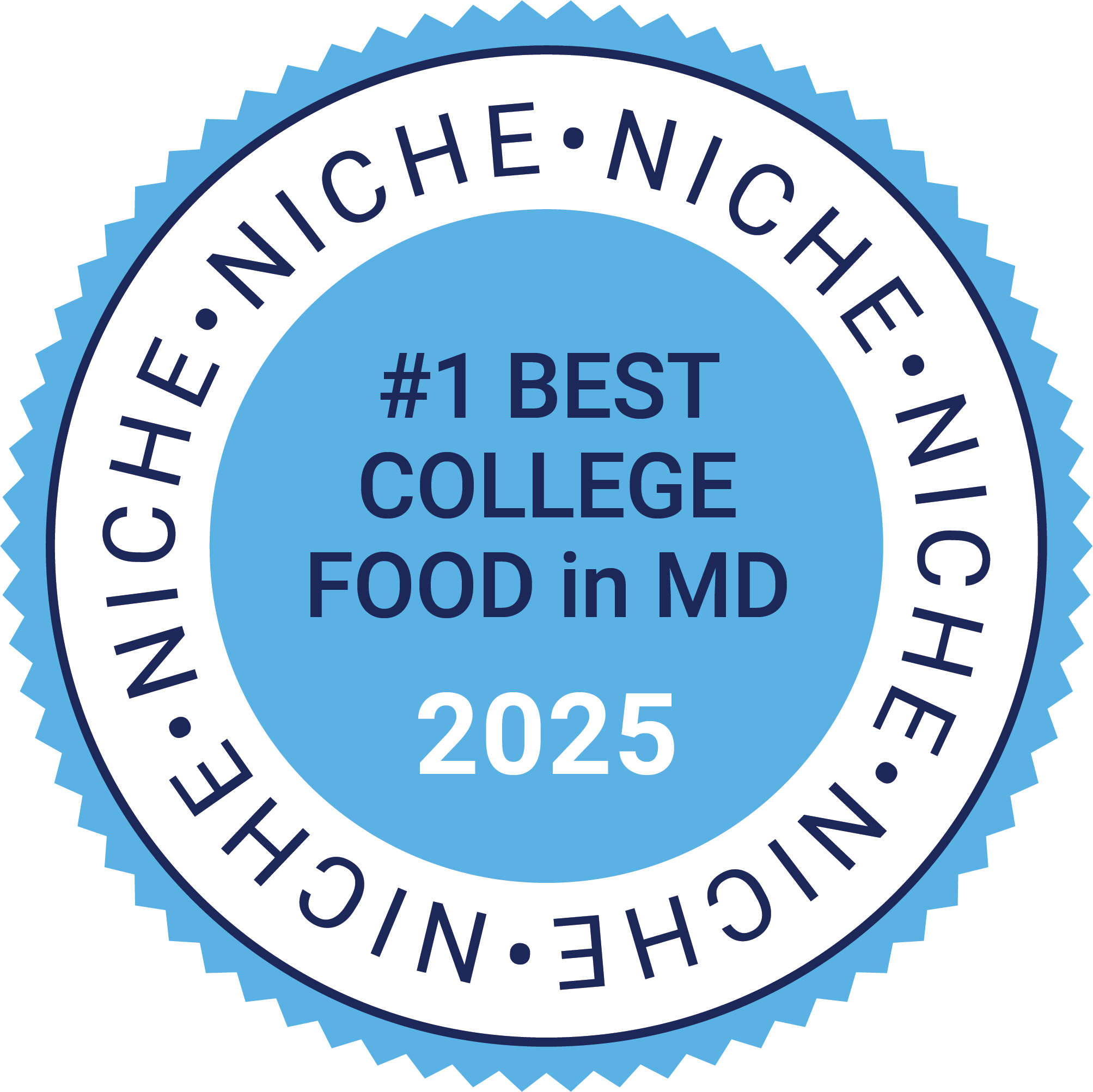 Accolades_2025_Niche_Best College Food_Light Blue A blue and white badge reads "#1 Best College Food in MD 2025" with the word "Niche" repeated around the border.