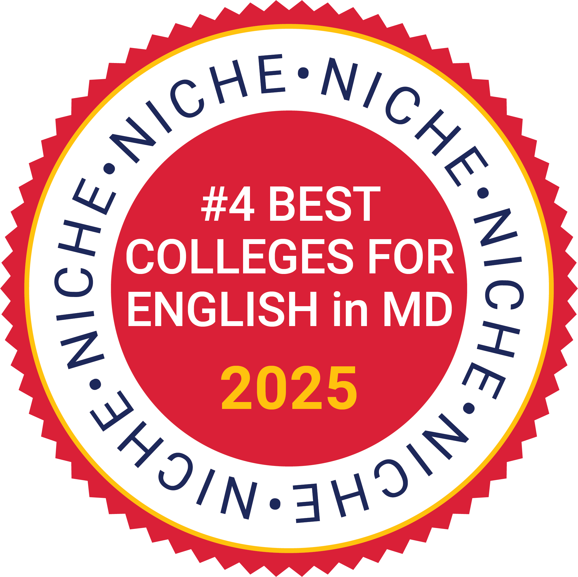 Accolades_2025_Niche_Best Colleges for English in Maryland_Red A red and white badge stating "#4 Best Colleges for English in MD 2025" with the word "Niche" repeated in a circular pattern.