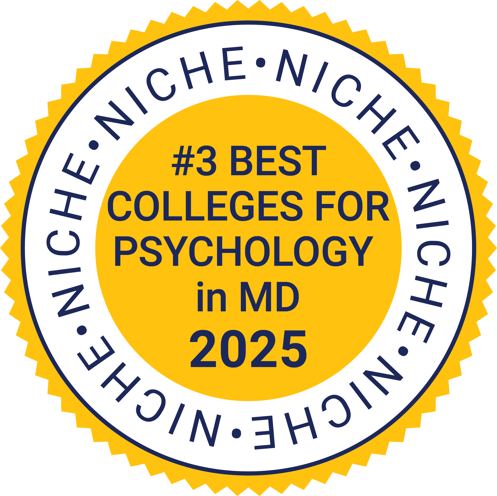 Accolades_2025_Niche_Best Colleges for Psychology in Maryland_Gold A circular badge reads "#3 Best Colleges for Psychology in MD 2025" with "Niche" repeated around the border.