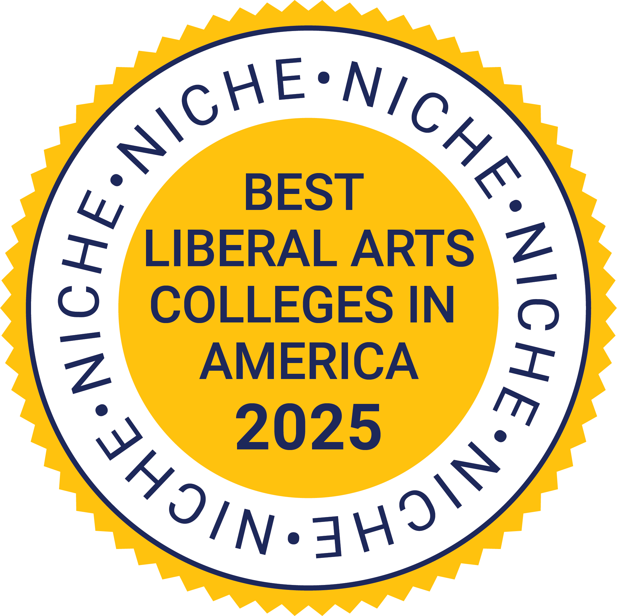Accolades_2025_Niche_Best Liberal Arts Colleges in America_Gold A yellow and white circular badge reads "Best Liberal Arts Colleges in America 2025" with "Niche" repeated around the border.