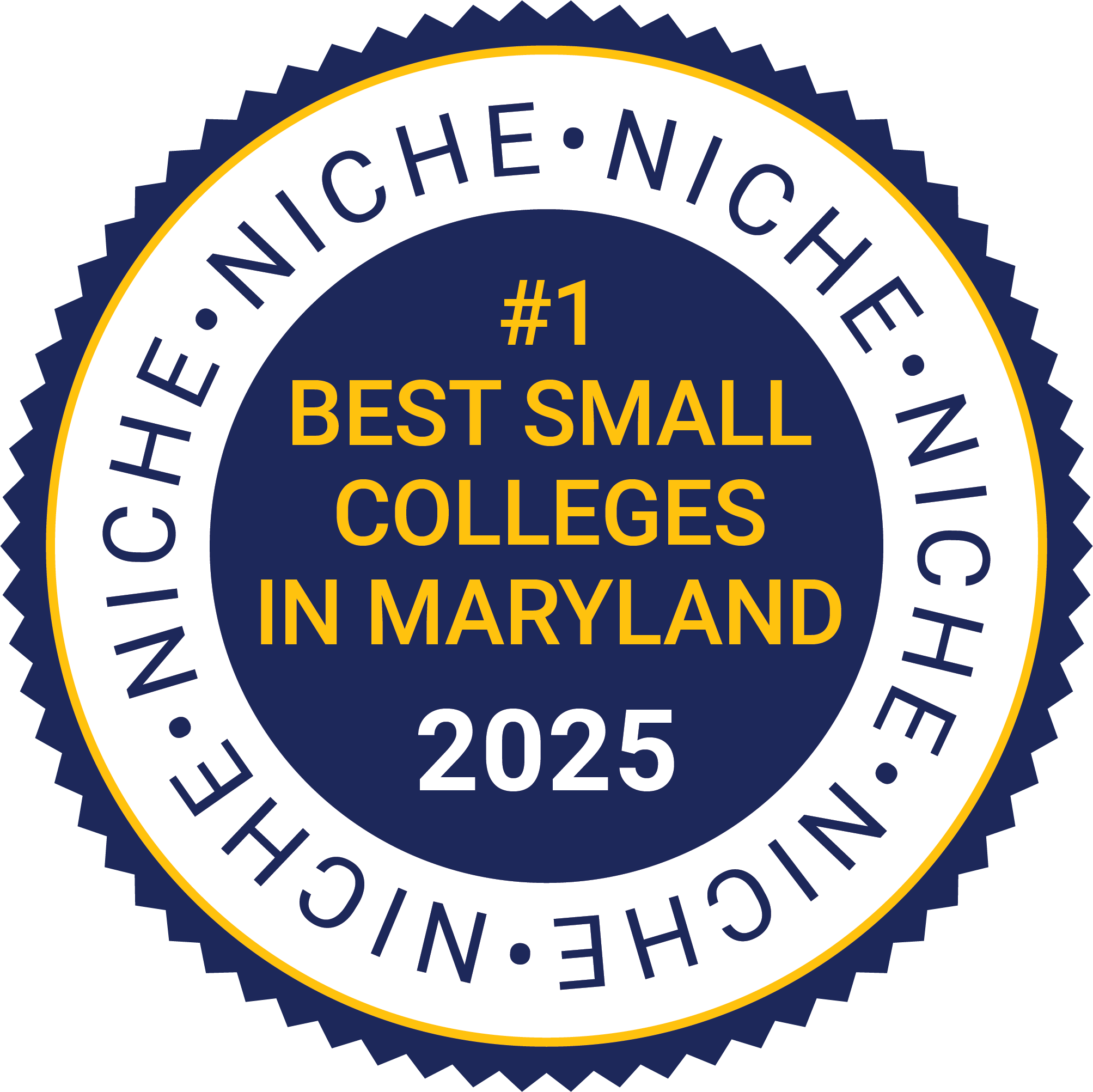 Accolades_2025_Niche_Best Small Colleges in Maryland_Navy A blue and gold badge reading "#1 Best Small Colleges in Maryland 2025" with "NICHE" repeated in a circular border.