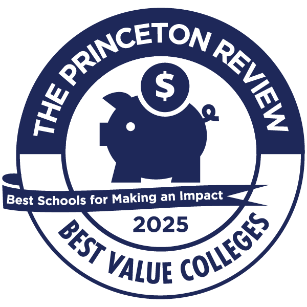 Blue and white circular badge with a piggy bank icon. Text reads: The Princeton Review Best Schools for Making an Impact 2025 Best Value Colleges.