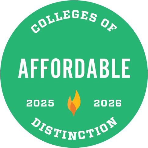 Green circular badge with white text reading "Colleges of Distinction Affordable 2025 2026" and an orange flame icon in the center.