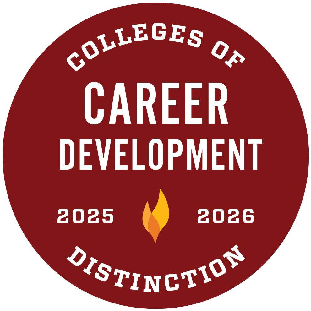 Maroon circular badge reads "Colleges of Career Development 2025 2026 Distinction" with a flame icon in the center.
