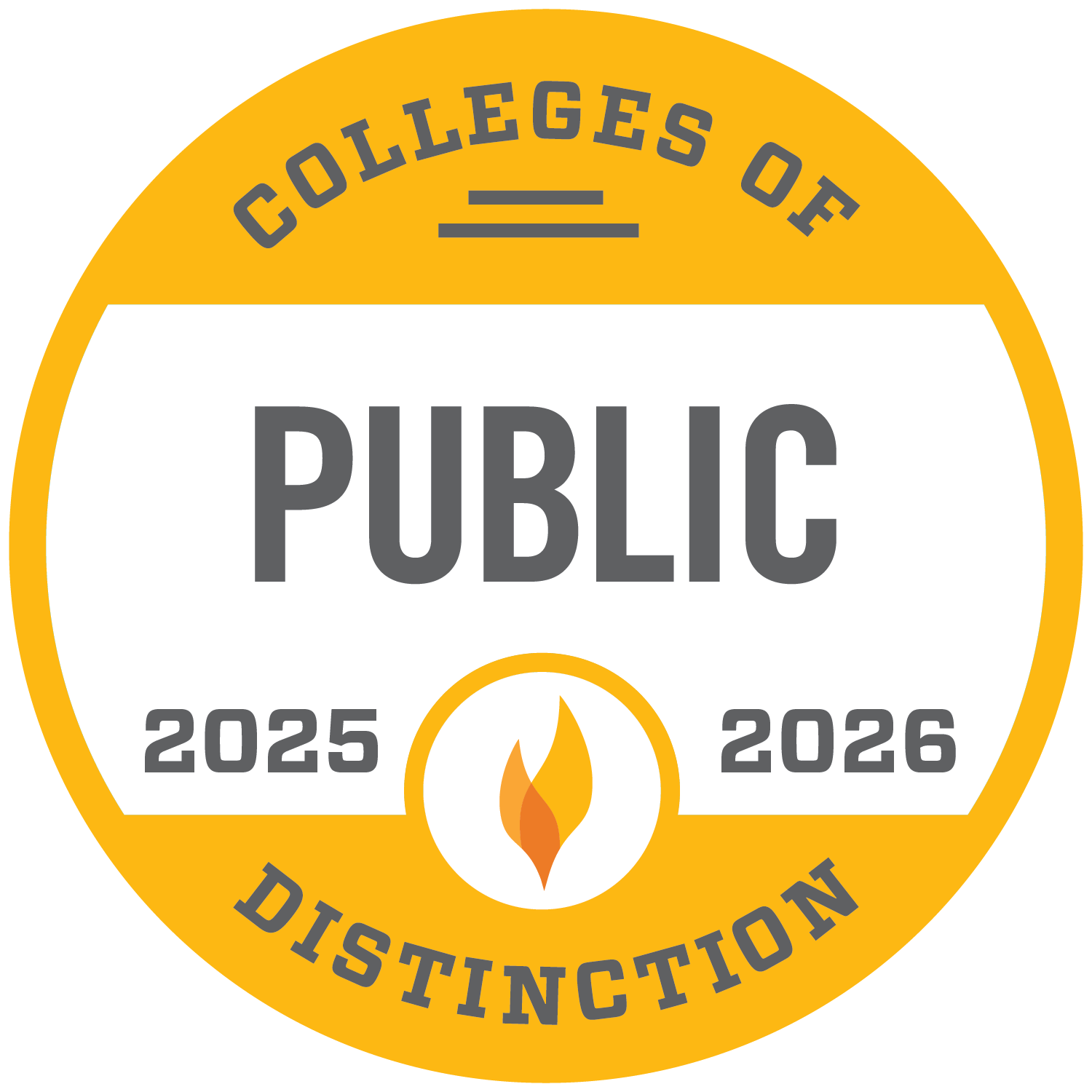 A circular badge labeled "Colleges of Distinction," with "Public," "2025," "2026," and a flame icon in the center on a yellow and white background.