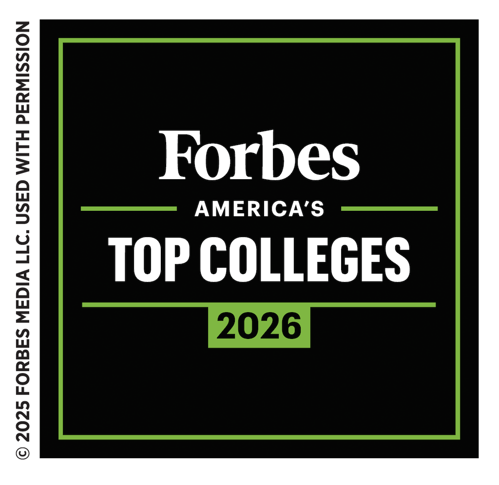 2026-Forbes-America_s Top Colleges-Award Logo-Square-Outlined Forbes America's Top Colleges 2026 logo with white and green text on a black background. ©2025 Forbes Media LLC. Used with permission.