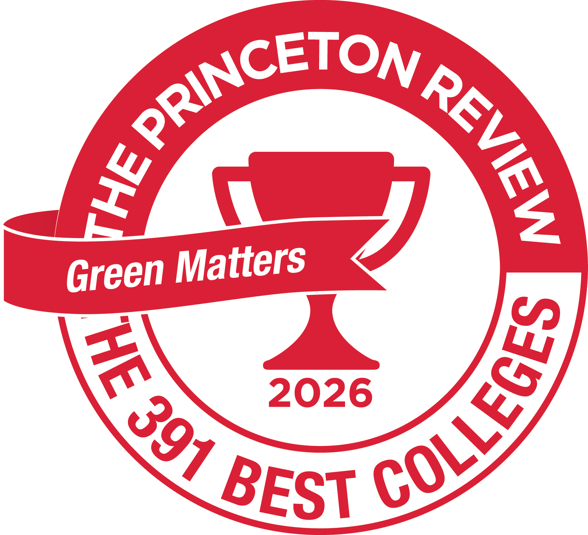 A red and white badge features a trophy, the text The Princeton Review, The 391 Best Colleges, 2026, and a banner labeled Green Matters.