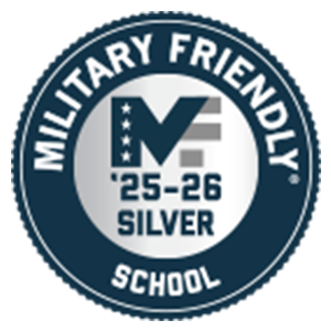 MFS25–26_Silver-300×300 A circular badge reading "Military Friendly School '25-'26 Silver," with "MF" in the center and a blue and silver color scheme.