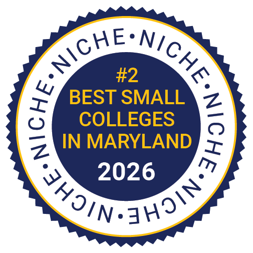 Niche_Best Small Colleges in Maryland_Navy A circular badge reads "#2 Best Small Colleges in Maryland 2026" with the word "Niche" repeated around the border.
