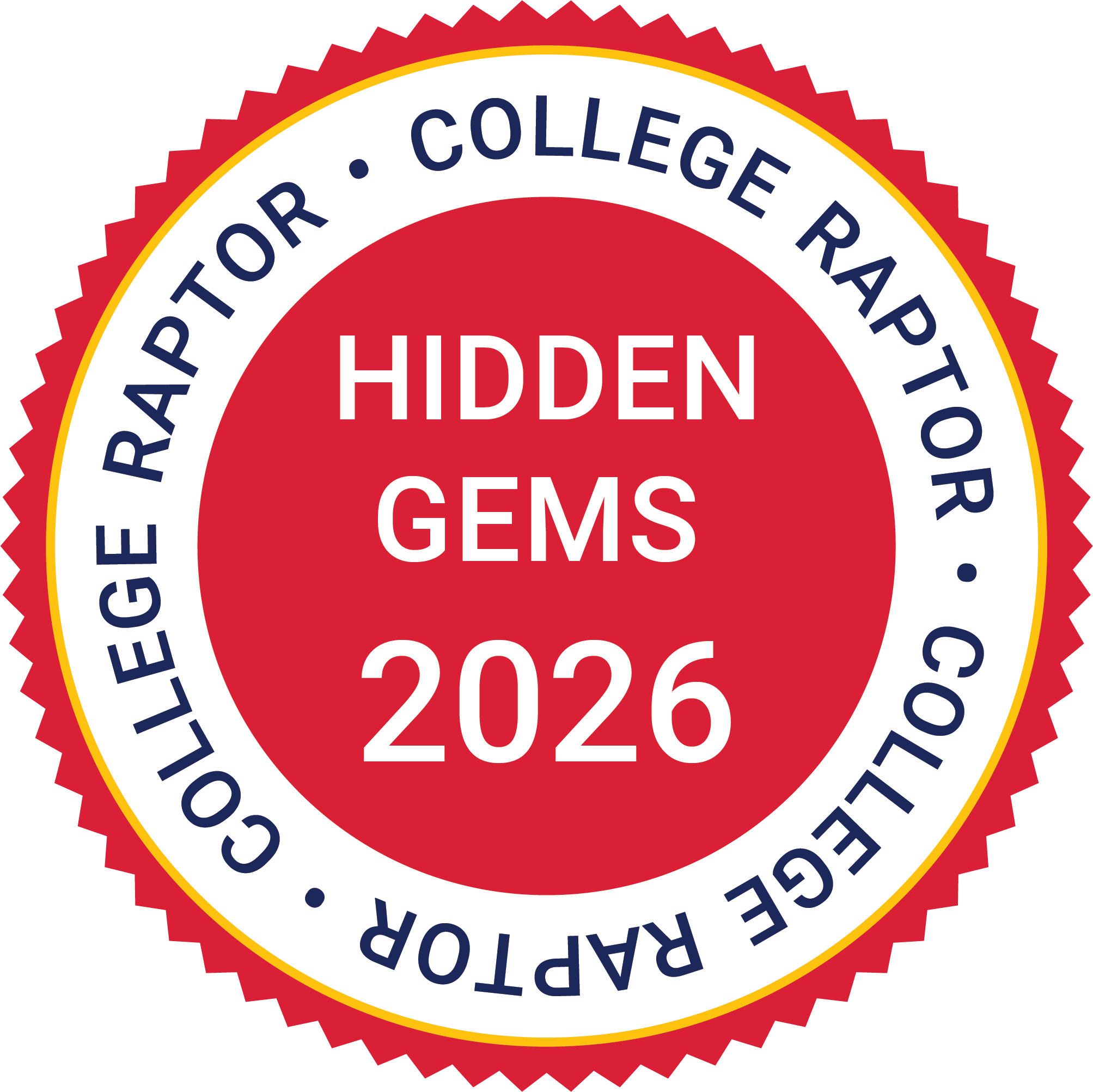 A circular badge with a red center reads "HIDDEN GEMS 2026" and a blue outer ring says "COLLEGE RAPTOR" repeated three times.