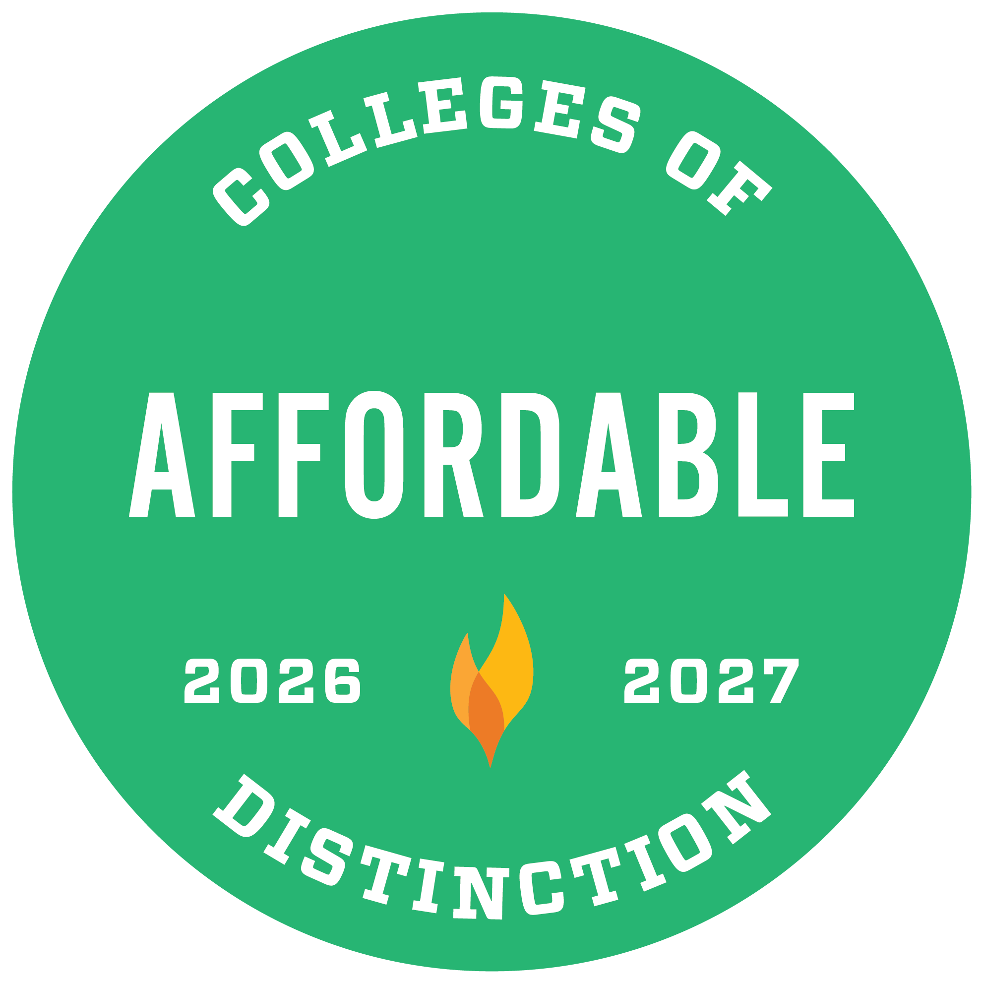 Green circular badge with text: "Colleges of Distinction Affordable 2026 2027" and a small stylized flame icon in the center.