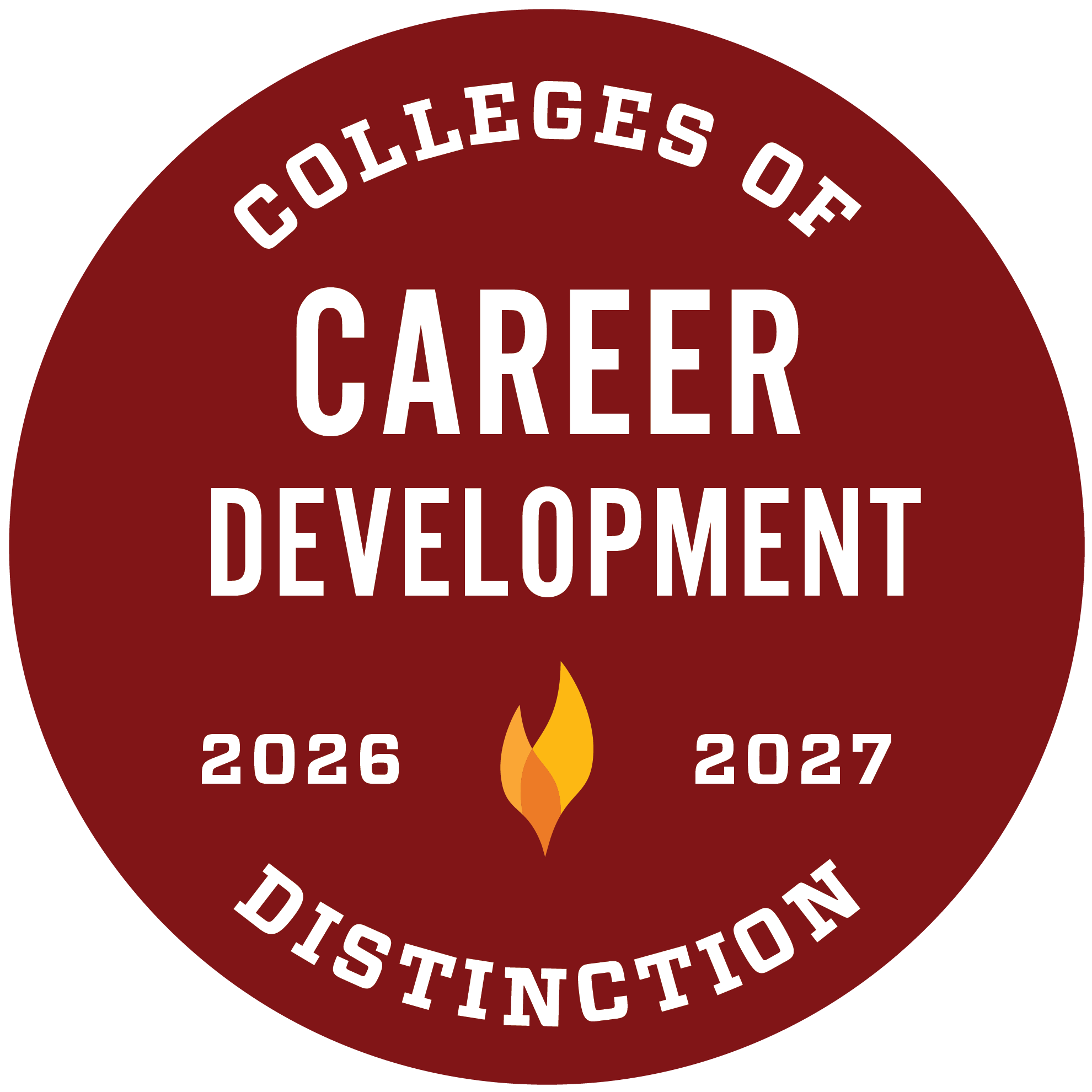 A red circular badge with white text: "Colleges of Career Development 2026 2027 Distinction" and a small orange flame icon in the center.
