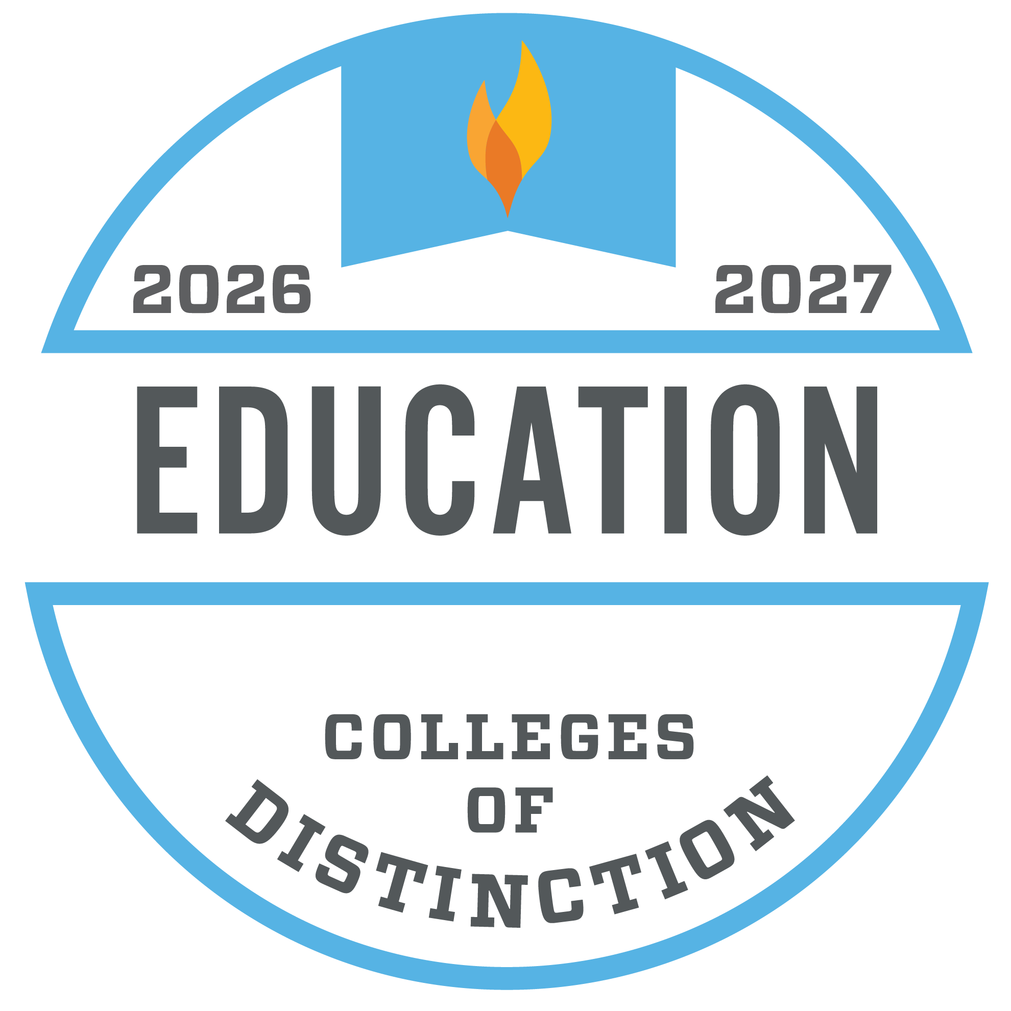 A circular badge labeled "Education Colleges of Distinction 2026–2027" with a stylized flame at the top and blue border.