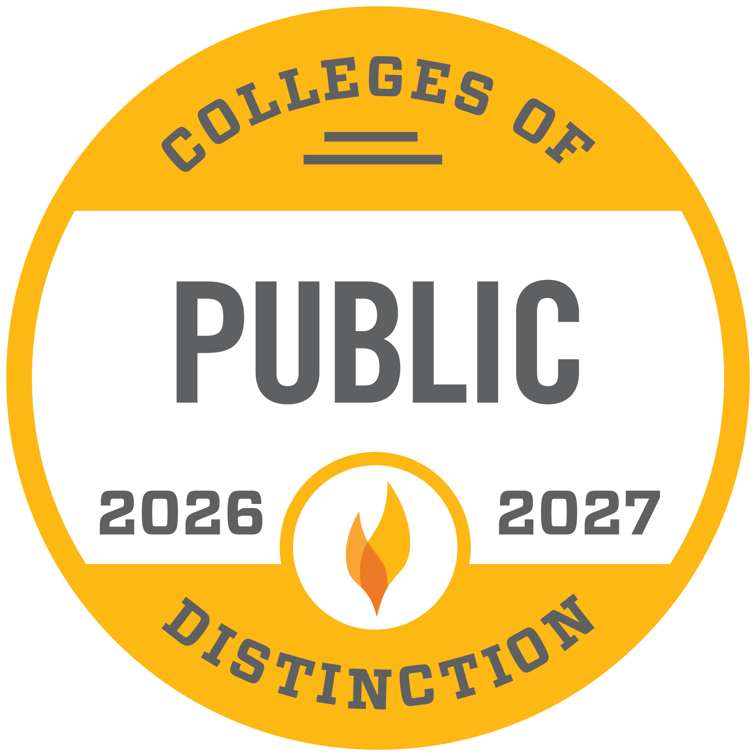 A circular badge reading "Colleges of Distinction Public 2026 2027" with an orange flame icon in the center.