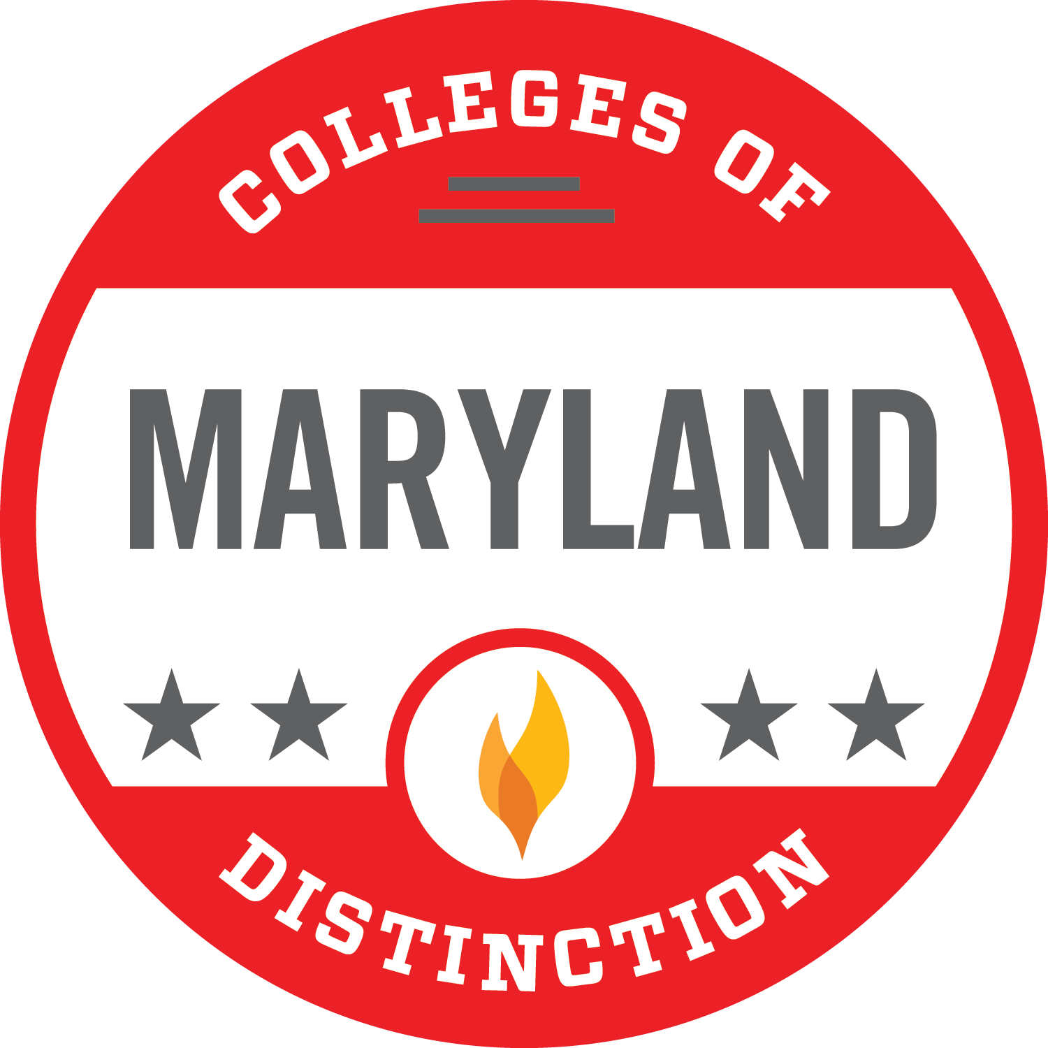 Red and white badge reading "Colleges of Maryland Distinction," with three stars and a yellow flame symbol in the center.