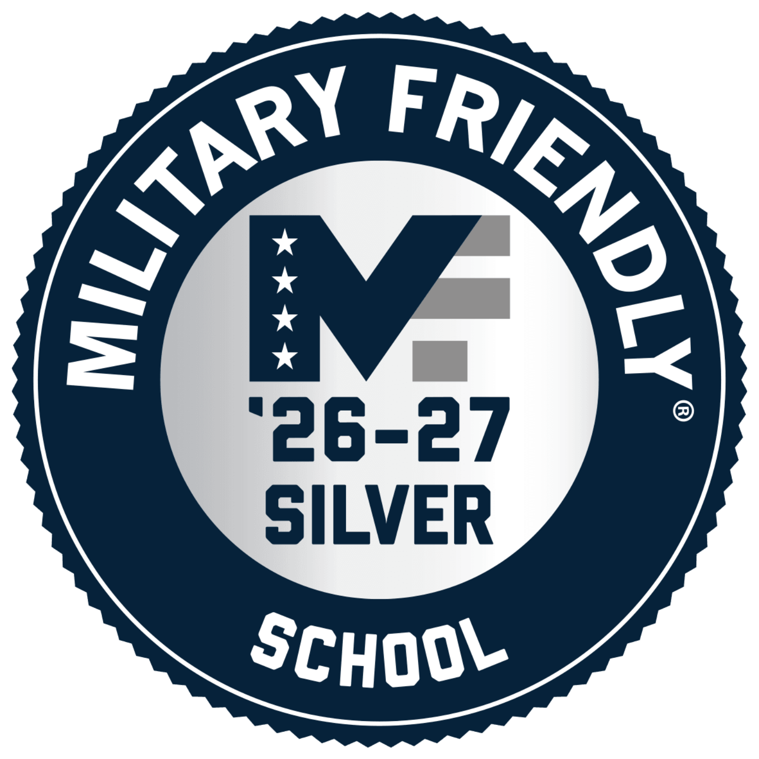 A round badge reads "Military Friendly School '26-'27 Silver" with a stylized "MF" logo in the center, featuring stars and stripes, on a dark and light background.