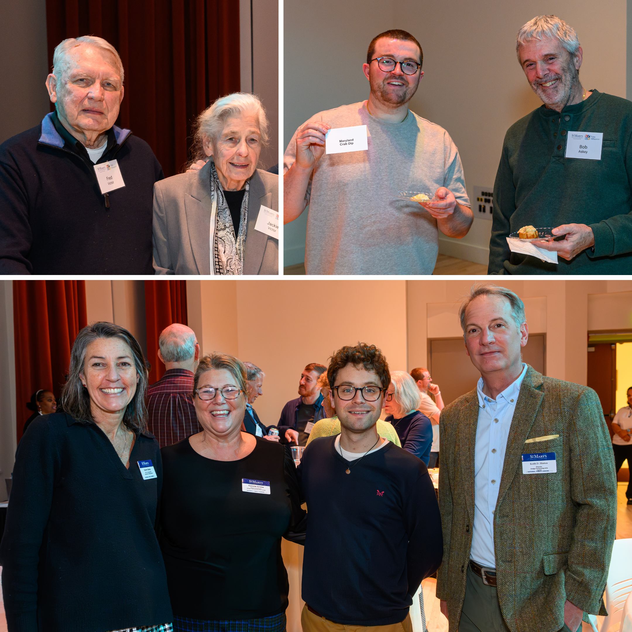 A collage of two photos showing groups of people at an event. The top image features two men and a woman indoors. The bottom image shows four people, including two men and two women, also indoors, with some people wearing name tags.