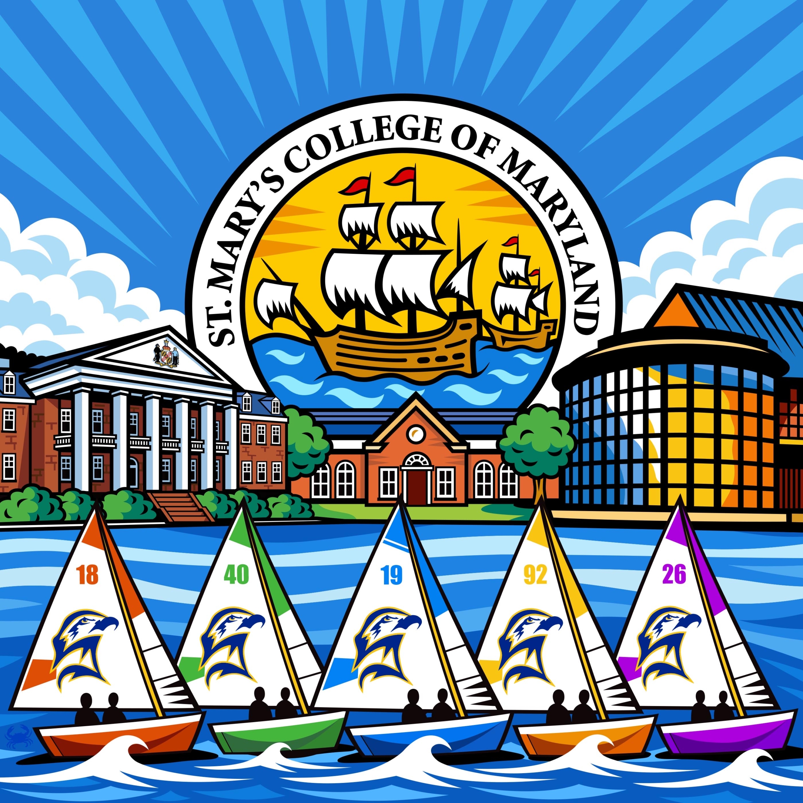 Illustration of St. Mary's College of Maryland campus with five colorful sailboats on water and the college seal featuring a ship in the background.