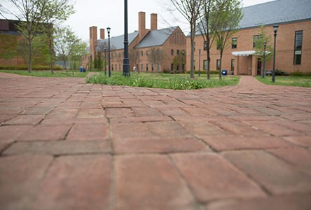 A pathway made of bricks leads toward a large brick building with multiple chimneys and a blue-gray roof. Sparse trees and lampposts line the path, with grass and a cloudy sky in the background.