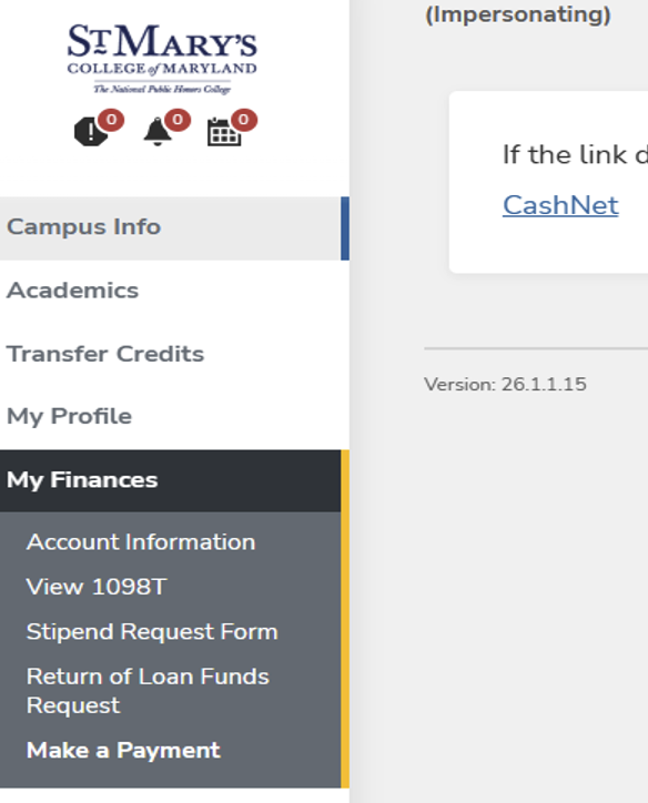Screenshot of the St. Mary's College of Maryland student portal showing navigation options for campus info, academics, finances, and payment actions.