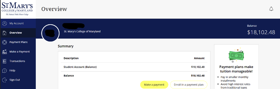 Screenshot of a student account overview from St. Mary's College of Maryland portal showing a balance of $18,102.48, with payment plan and payment options available.