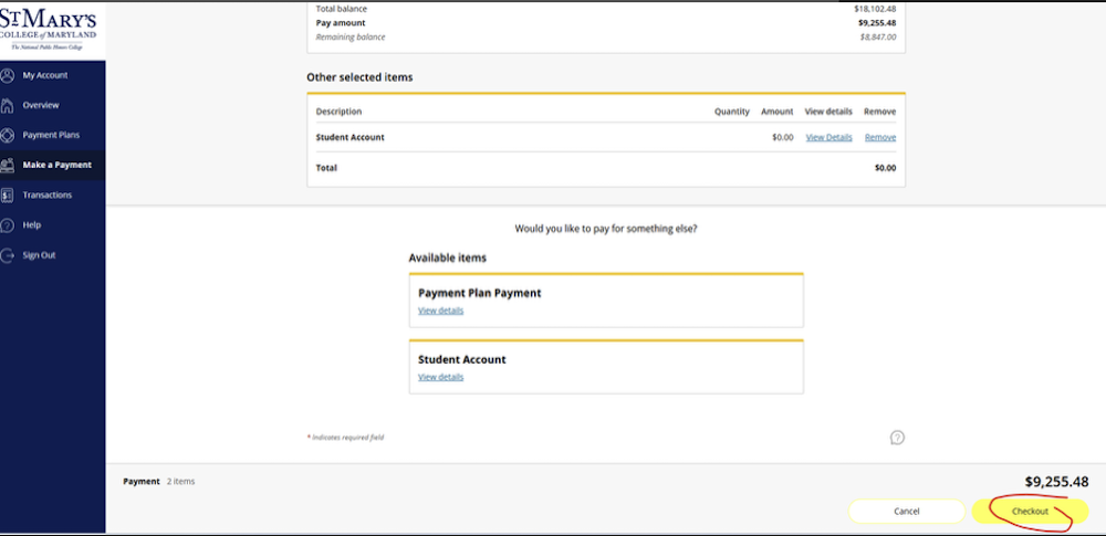 Online payment portal showing a summary of selected items and total amount due, with the "Checkout" button highlighted at the bottom right corner.