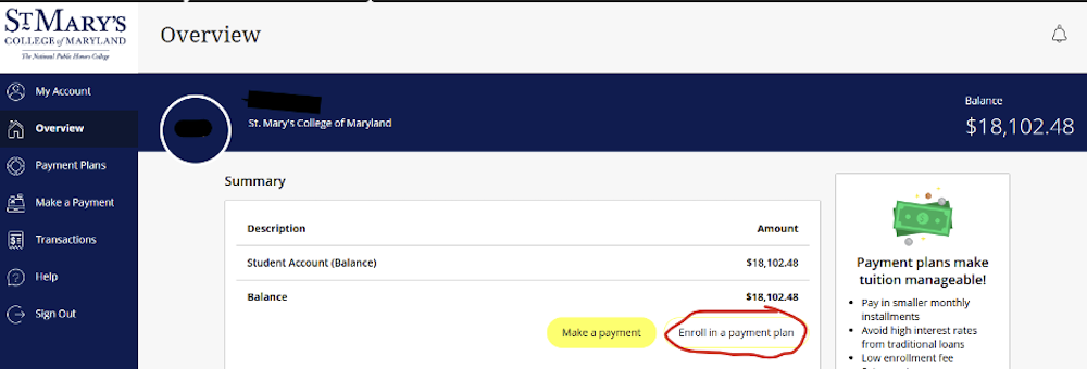 Screenshot of a St. Mary’s College of Maryland student account dashboard showing a balance of $18,102.48 and options to "Make a payment" or "Enroll in a payment plan.