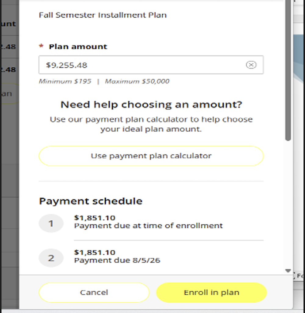 Screenshot of a payment plan options page showing a $9,255.48 plan amount for fall semester, with two payments of $1,851.10 each, and options to cancel or enroll in the plan.