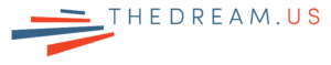 Logo for TheDream.US, featuring the text "THEDREAM.US" in uppercase letters. The design includes alternating blue and red diagonal stripes on the left side.