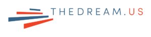 Logo for TheDream.US, featuring the text "THEDREAM.US" in uppercase letters. The design includes alternating blue and red diagonal stripes on the left side.