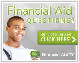 Smiling person holding a tablet, with text "Financial Aid Questions? Get video answers, click here" and a "Financial Aid TV" logo.
