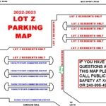 A map showing parking layout for "Lot Z" with designated areas for faculty, staff, commuter, and visitors. Includes directions and borders, with contact information for public safety at X4911 or 240-895-4911.
