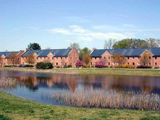 A row of brick buildings with blue roofs lines a serene pond. The clear sky is dotted with light clouds. Sparse trees with autumn foliage and a grassy area surround the pond, which reflects the buildings and trees.