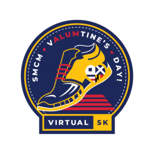 Circular badge with a stylized sneaker illustration. Text reads "SMCM Valumtine's Day! Virtual 5K" in red and white, on a blue background with a red and yellow design.
