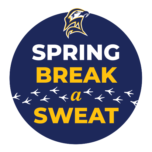 Navy circle logo with gold and white text that says "Spring Break-a-Sweat." SMCM Seahawk head logo at the top.