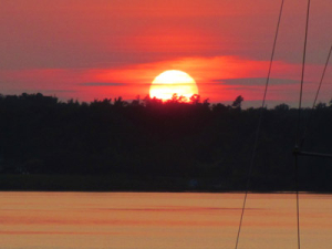 A vivid sunset over a body of water, with the sun partially hidden by a dark silhouette of trees on the horizon. The sky is painted with shades of orange and red, and a faint outline of a sailboat mast is visible on the right.