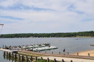 A wooden dock with several boats is on a calm body of water. A person walks along the dock under a partly cloudy sky. The background features a tree-lined shore.