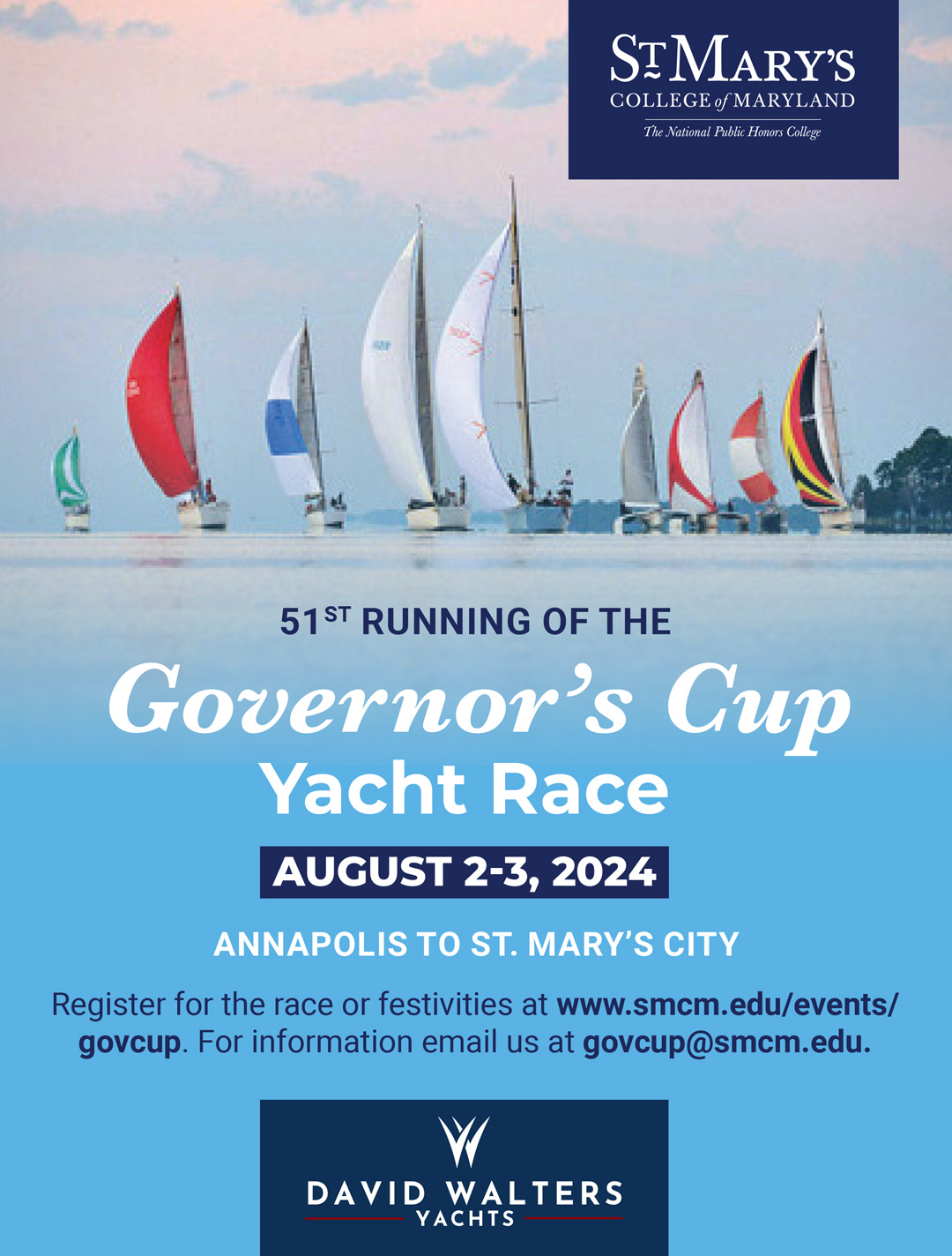 A poster for the 51st Governor’s Cup Yacht Race (August 2-3, 2024) featuring colorful sailboats. Logos of St. Mary’s College of Maryland and David Walters Yachts are included, along with registration and contact details.