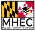 Logo featuring the Maryland flag pattern on the left and a red and white design with a graduation cap on the right. Below, the text reads "MHEC" and "Engage • Inform • Support.