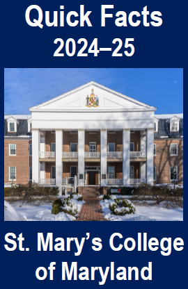 Cover of "Quick Facts 2023–24" for St. Mary's College of Maryland. The image features a pathway, a red-leaved tree, and a college sign with a map on a grassy area. The background is a clear sky.