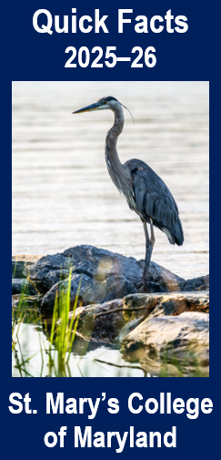 Cover of "Quick Facts 2025–26" for St. Mary's College of Maryland. The image features a pathway, a red-leaved tree, and a college sign with a map on a grassy area. The background is a clear sky.