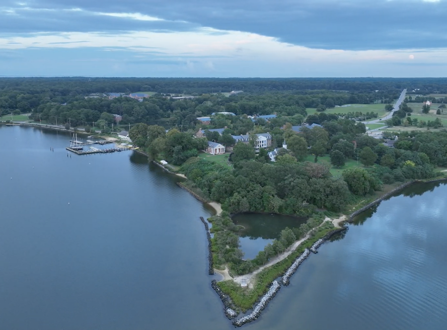 Aerial view of a tree-covered peninsula extending into a calm body of water with buildings, docks, and a road visible in the background under a cloudy sky.