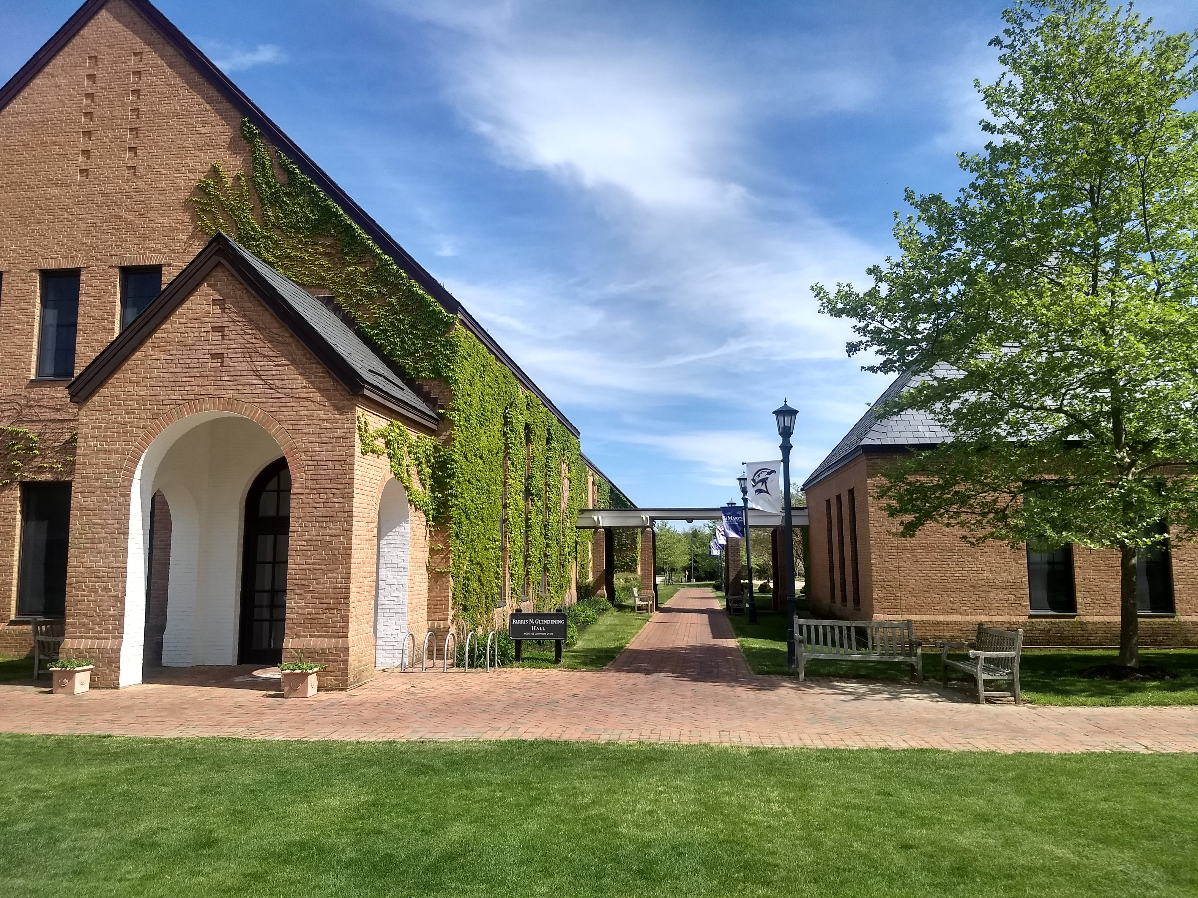 Two brick buildings with ivy, separated by a brick walkway, on a sunny day with green grass, trees, benches, and a lamppost.