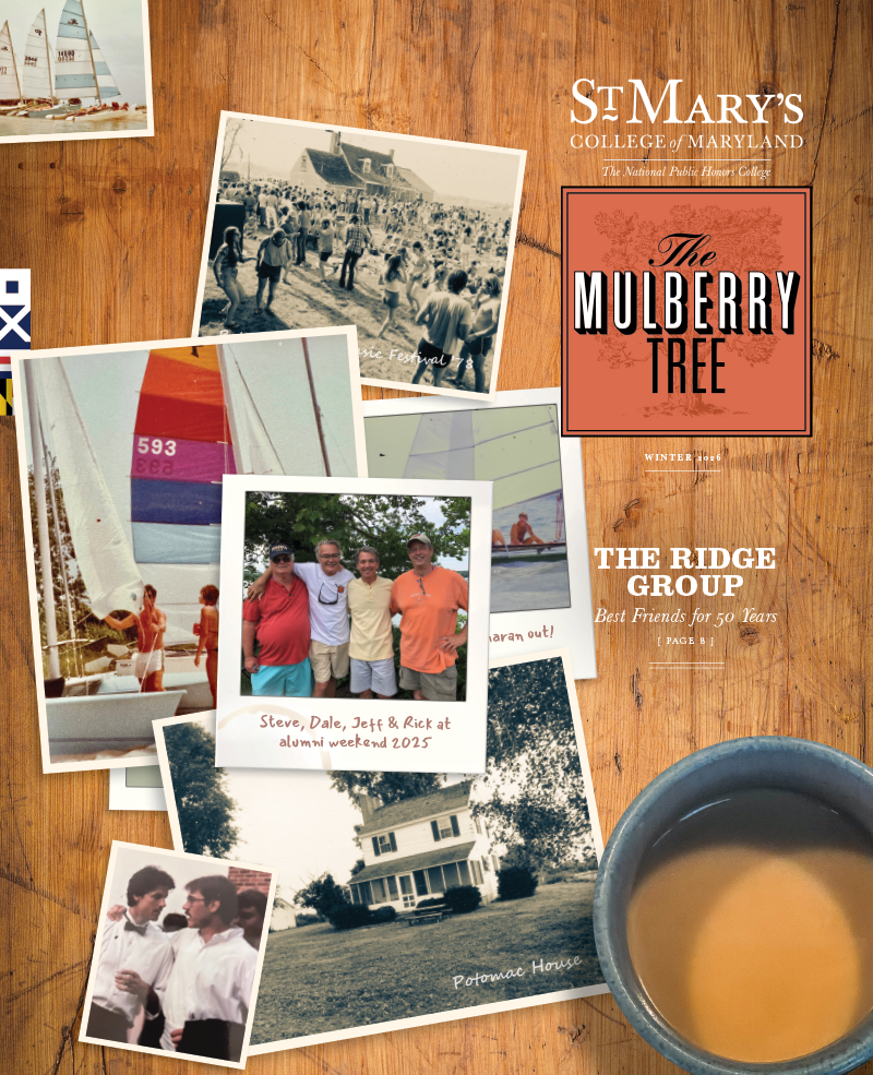 A collage of vintage sailing photos, a group photo labeled alumni weekend 2023, The Mulberry Tree magazine, and a cup of coffee on a wooden table.